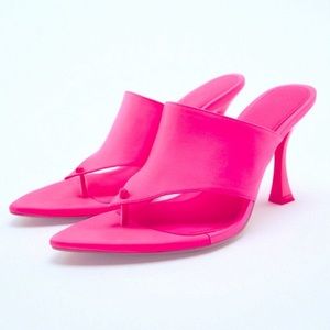 NWT Zara Bright Pink Satin Effect Heel Thong Sandals